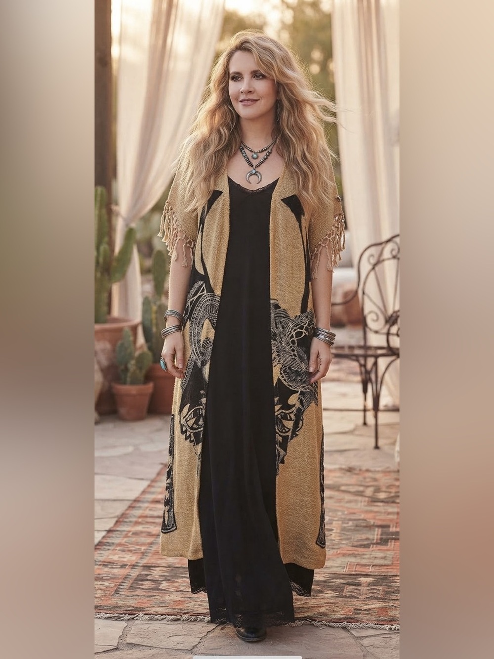 Carole Liz Western Duster Sz L Fringed Open Beaded Hem Boho Burlap Festival